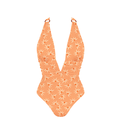 Chlamys Varia - Ribbed Plunge One Piece - Orange/Gerbera Print