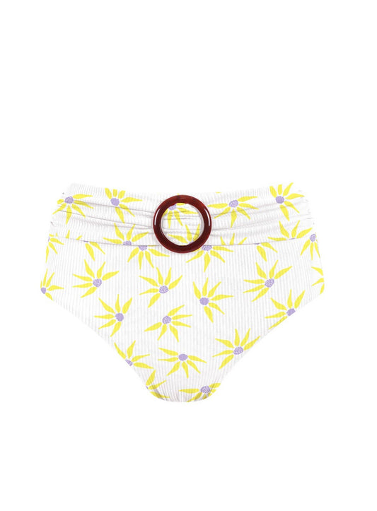 Chlamys Varia - High Waist Ribbed Bikini Bottom - White/Gerbera Print
